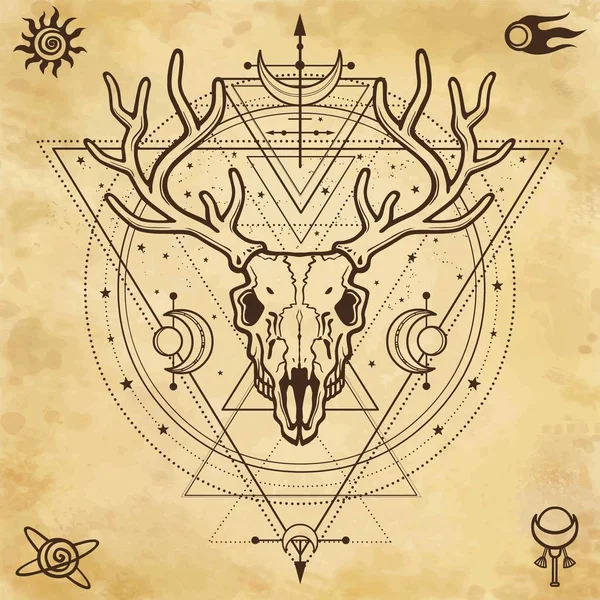 Mystical Image Skull Horned Deer Sacred Geometry Symbols Moon Background — Stock Vector