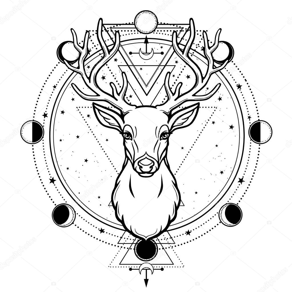 Animation portrait of a horned deer - spirit of the wood. Pagan deity. Circle of sacred geometry, phase of the moon. Gold vector illustration isolated on a black background. Print, potser, t-shirt.