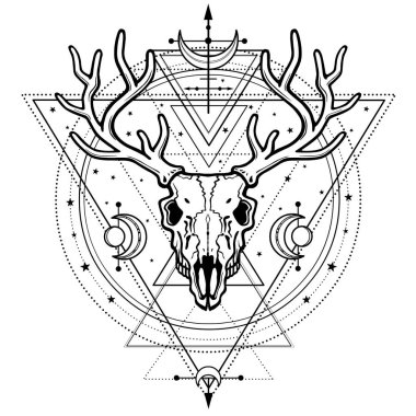 Kafatası bir boynuzlu geyik, kutsal geometri, semboller ayın mistik görüntüsü. Ezoterik, Paganizm, büyü. Beyaz bir arka plan üzerinde izole vektör çizim. Baskı, potser, t-shirt, kart. 