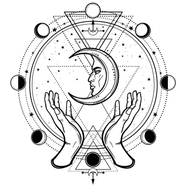 神秘的な描画 人間の手は月を保持します 神聖な幾何学 月の相の円 白い背景にベクトルイラストが孤立しています プリント ポスター Tシャツ カード — ストックベクタ
