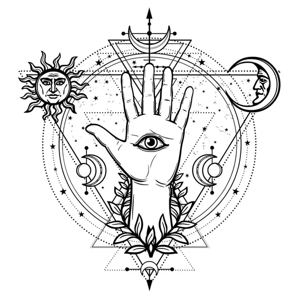 Mystical Drawing Divine Hand All Seeing Eye Circle Phase Moon — Stock Vector