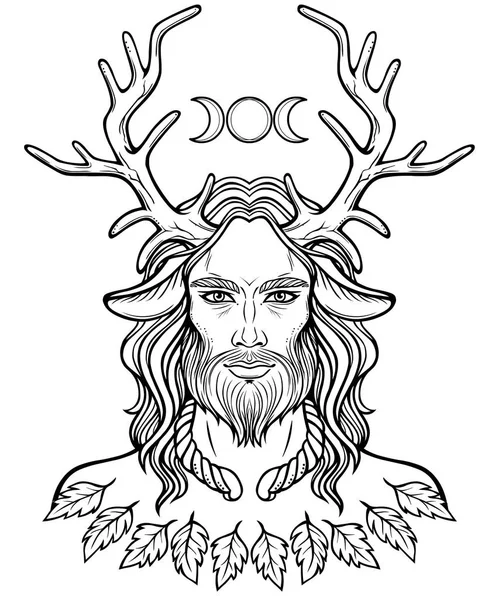 Boynuzlu Tanrı Cernunnos portresi. Tasavvuf, ezoterik, Paganizm, büyü. Doğrusal tek renkli çizim. Beyaz bir arka plan üzerinde izole vektör çizim.