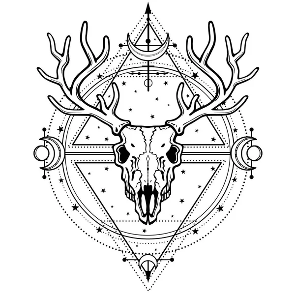 Mystical Image Skull Horned Deer Sacred Geometry Symbols Moon Esoteric — Stock Vector