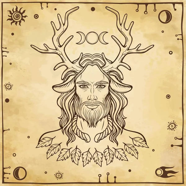 Retrato Del Dios Con Cuernos Cernunnos Misticismo Esotérico Paganismo Ocultismo — Vector de stock