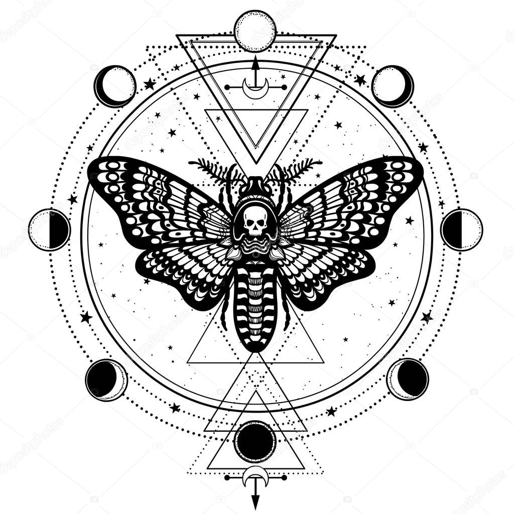 Mystical drawing: Moth Dead Head, circle of a phase of the moon. Sacred geometry.  Alchemy, magic, esoteric, occult. Vector illustration isolated on a white background. Print, poster, t-shirt, card.