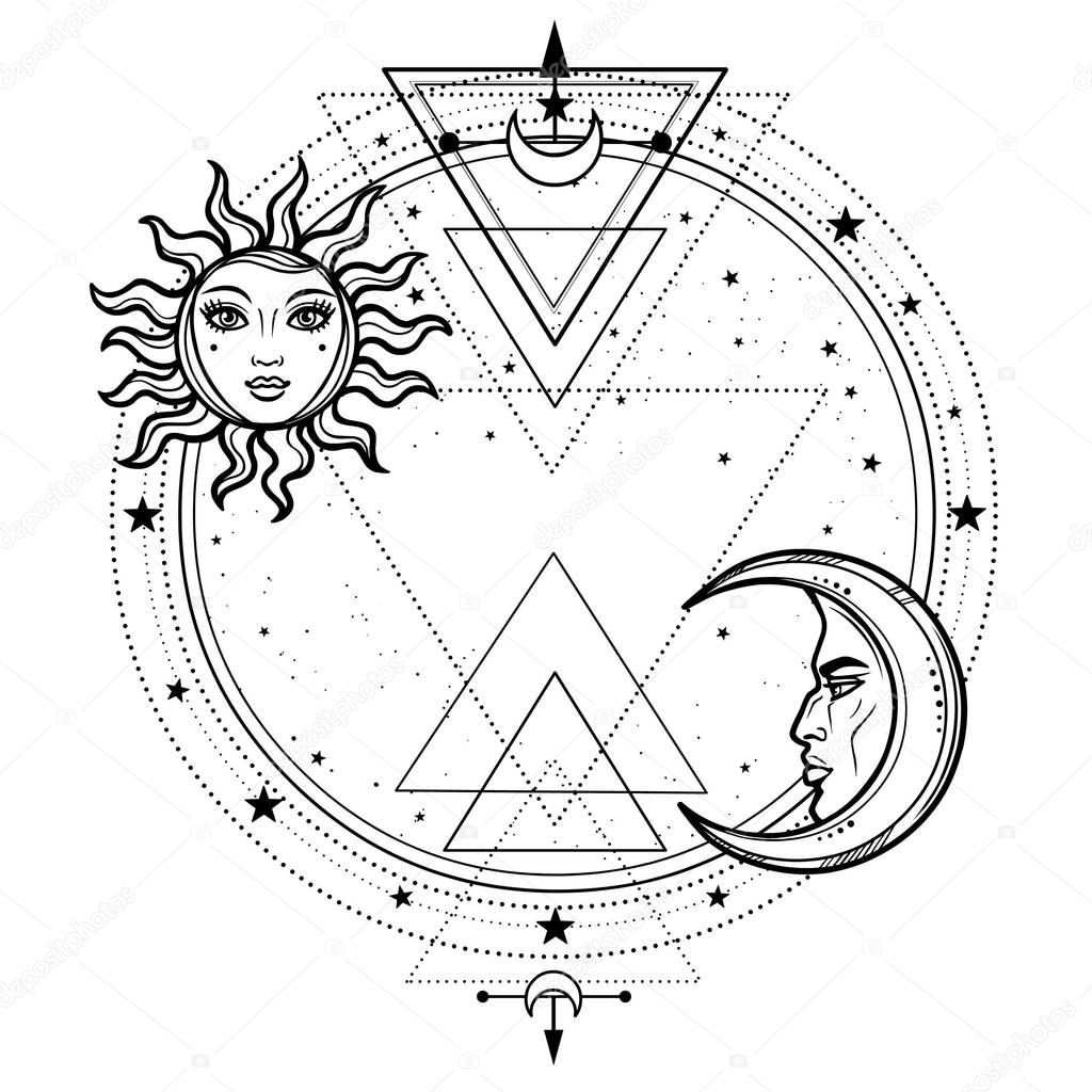 Mystical drawing: sun and  moon with human faces, a star circle. The place for the text. Sacred geometry. Vector illustration isolated on a white background. Print, potser, t-shirt, card. 