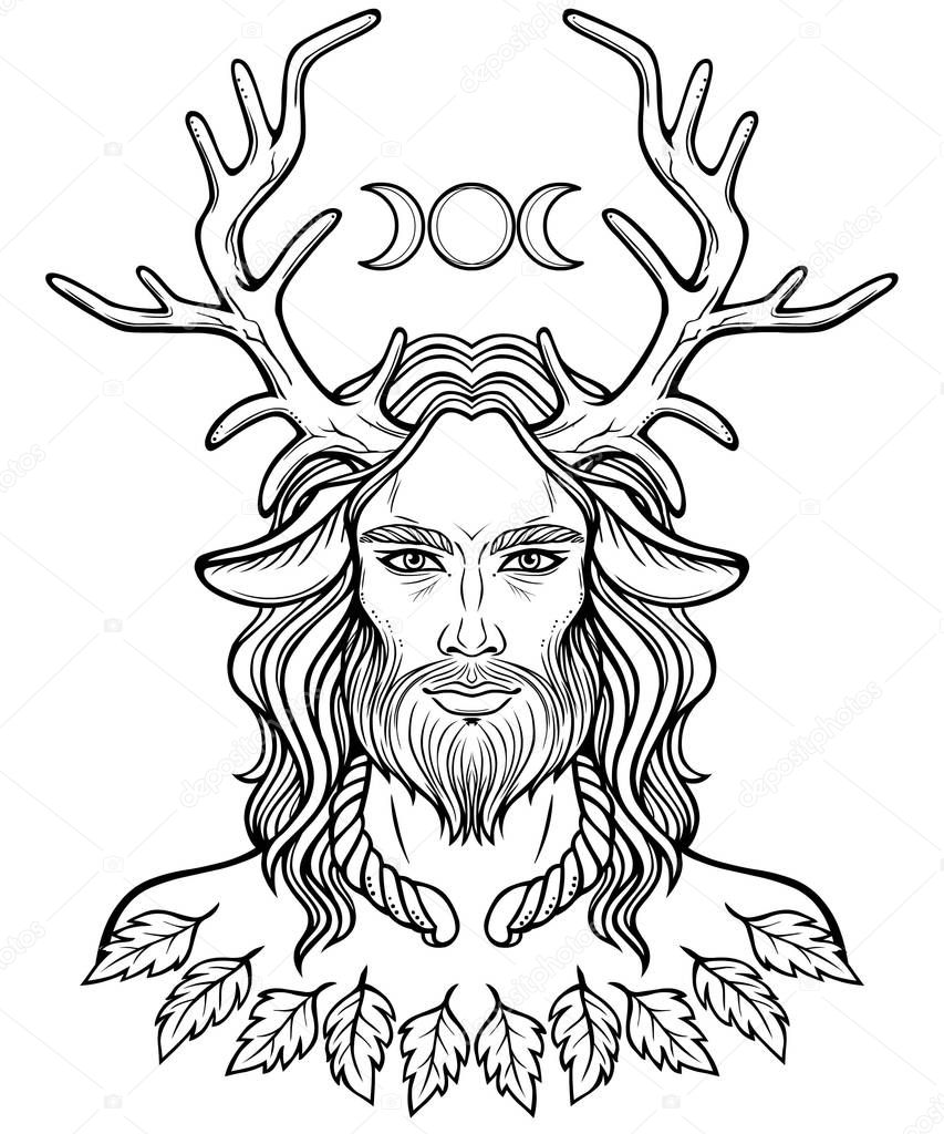 Portrait of horned god  Cernunnos . Mysticism, esoteric, paganism, occultism. Linear monochrome drawing. Vector illustration isolated on a white background.
