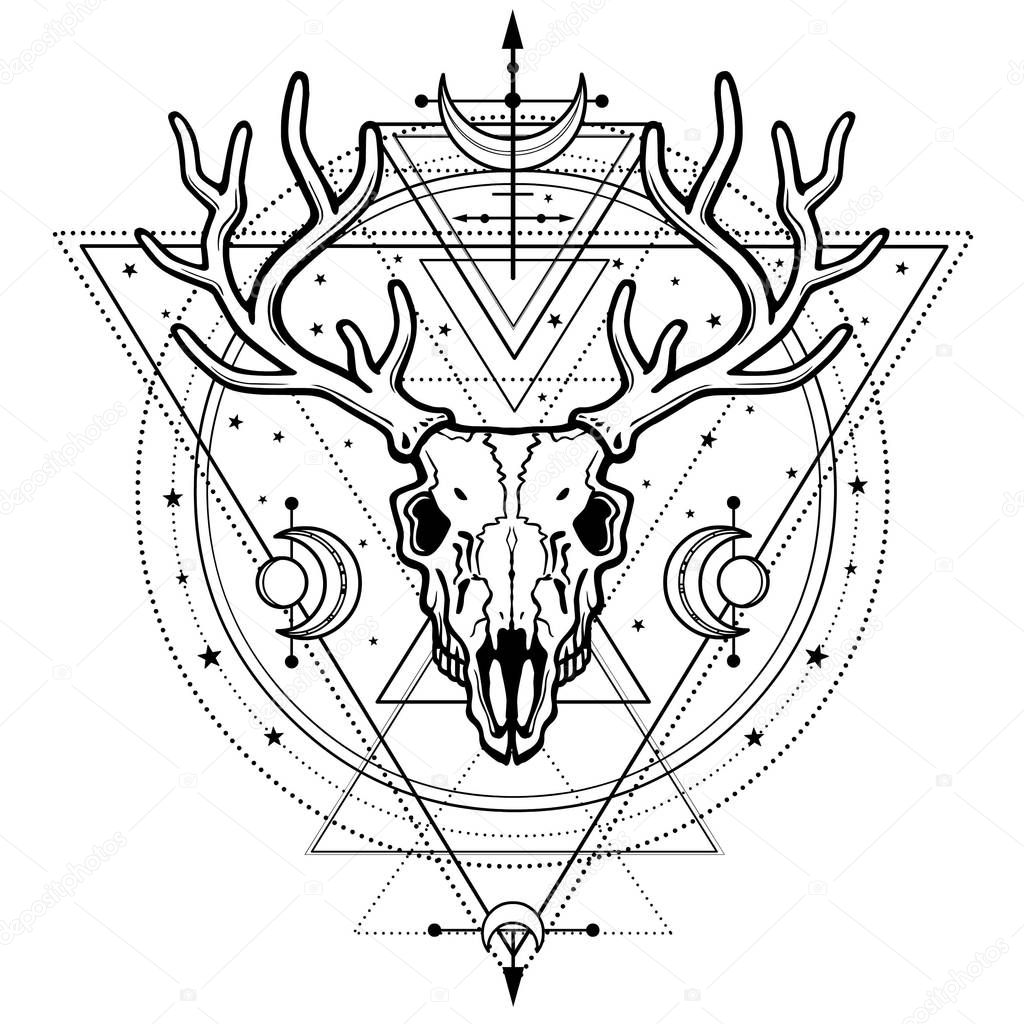 Mystical image of the  skull a horned deer, sacred geometry, symbols of the moon. Esoteric, paganism, occultism.Vector illustration isolated on a white background. Print, potser, t-shirt, card. 
