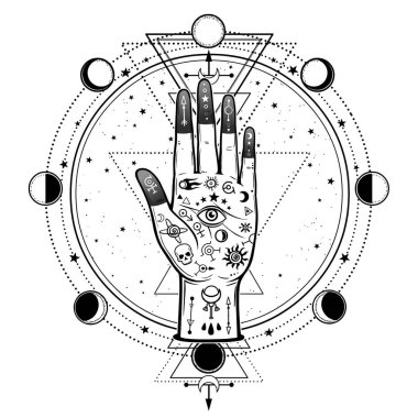 Mysterious drawing: divine hand, providence eye, sacred geometry, phases of the moon. Esoteric, mysticism, occultism. Vector illustration isolated on a white background. Print, poster, t-shirt, card.