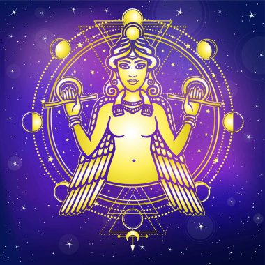 Portrait of the winged goddess Ishtar. Sacred geometry, mystical circle, phases of the moon. Gold imitation. Background - the night star sky. Print, poster, t-shirt, card. Vector illustration. clipart