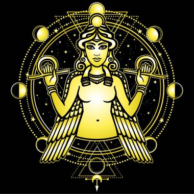 Kanatlı Tanrıça İştar portresi. Kutsal geometri, mistik daire, ayın evreleri. Altın taklidi. Vektör illüstrasyon izole bir siyah arka plan üzerinde. Baskı, poster, tişört, kart. 
