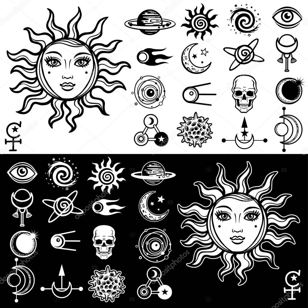 Vector illustration: the sun with a woman's human face, a set of space esoteric icons. Black and white option.