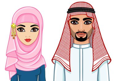 Animasyon geleneksel giysiler içinde Arap aile portresi. Beyaz bir arka plan üzerinde izole vektör çizim.