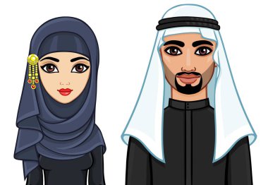 Animasyon geleneksel giysiler içinde Arap aile portresi. Beyaz bir arka plan üzerinde izole vektör çizim.