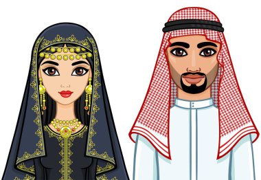 Animasyon geleneksel giysiler içinde Arap aile portresi. Beyaz bir arka plan üzerinde izole vektör çizim.