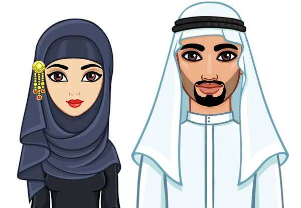 Πορτραίτο Κινούμενα Σχέδια Της Αραβικής Οικογένειας Παραδοσιακά Ρούχα Εικονογράφηση Διάνυσμα — Διανυσματικό Αρχείο