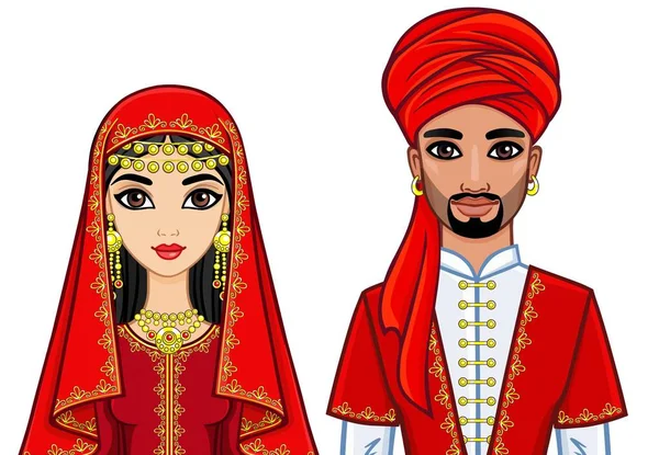 Animasyon geleneksel giysiler içinde Arap aile portresi. Doğu peri masalı. Beyaz bir arka plan üzerinde izole vektör çizim.