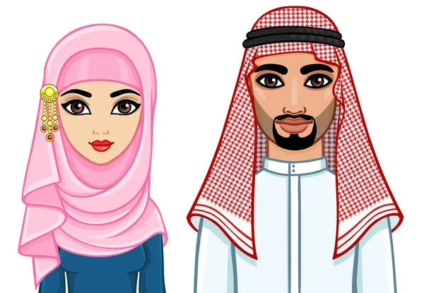 Animasyon geleneksel giysiler içinde Arap aile portresi. Beyaz bir arka plan üzerinde izole vektör çizim.