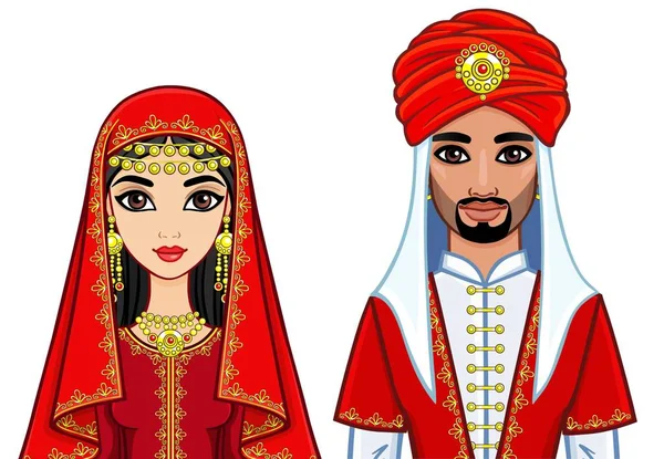 Animasyon geleneksel giysiler içinde Arap aile portresi. Doğu peri masalı. Beyaz bir arka plan üzerinde izole vektör çizim.