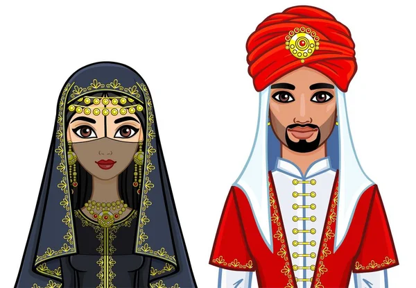 Анимационный Портрет Арабской Семьи Традиционной Одежде Восточная Сказка Векторная Иллюстрация — стоковый вектор