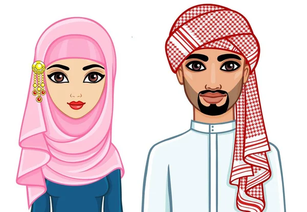 Retrato Animação Família Árabe Roupas Tradicionais Ilustração Vetorial Isolada Sobre —  Vetores de Stock
