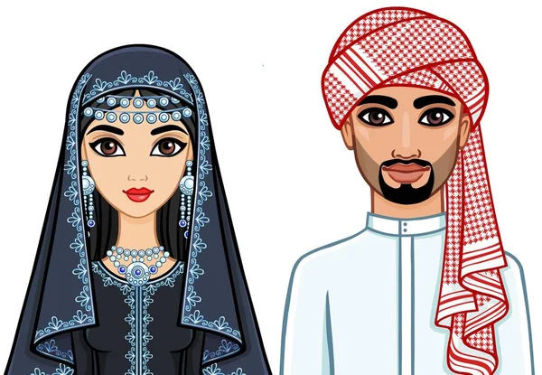 Portrait Animation Famille Arabe Vêtements Traditionnels Illustration Vectorielle Isolée Sur — Image vectorielle