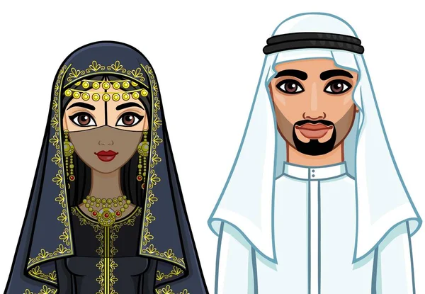 Animasyon geleneksel giysiler içinde Arap aile portresi. Beyaz bir arka plan üzerinde izole vektör çizim.