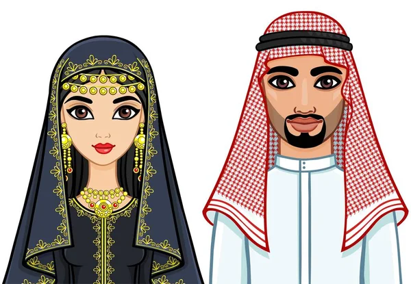 Animasyon geleneksel giysiler içinde Arap aile portresi. Beyaz bir arka plan üzerinde izole vektör çizim.