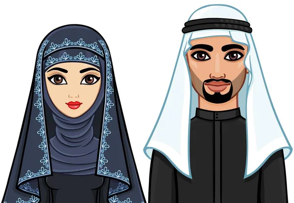 Animasyon geleneksel giysiler içinde Arap aile portresi. Beyaz bir arka plan üzerinde izole vektör çizim.