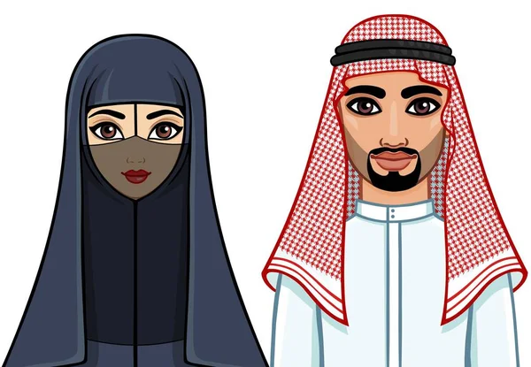 Portrait Animation Famille Arabe Vêtements Traditionnels Illustration Vectorielle Isolée Sur — Image vectorielle
