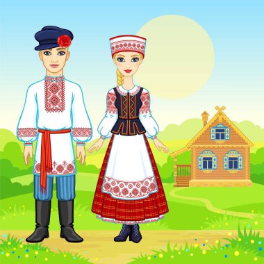 Slav güzellik. Animasyon Ulusal giysiler içinde Belarus aile portresi. Tam büyüme. Arka plan - bir manzara, eski ahşap ev yaz. Vektör çizim. 