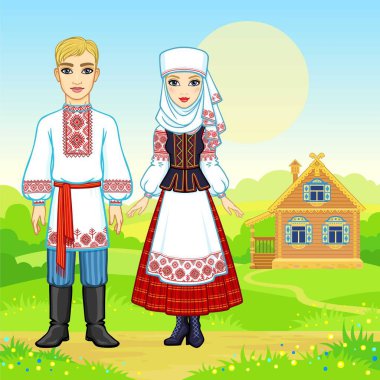 Slav güzellik. Animasyon Ulusal giysiler içinde Belarus aile portresi. Tam büyüme. Arka plan - bir manzara, eski ahşap ev yaz. Vektör çizim. 