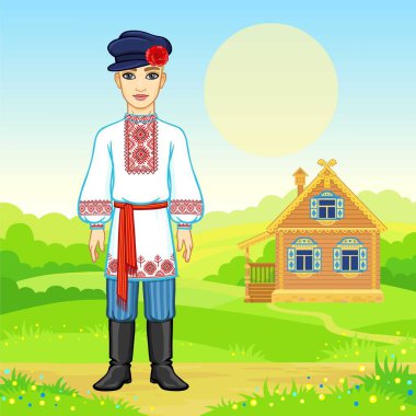 Belarus delikanlı geleneksel giysiler içinde animasyon portresi. Masal karakteri. Tam büyüme. Arka plan - kırsal manzara, eski evi. Vektör çizim.