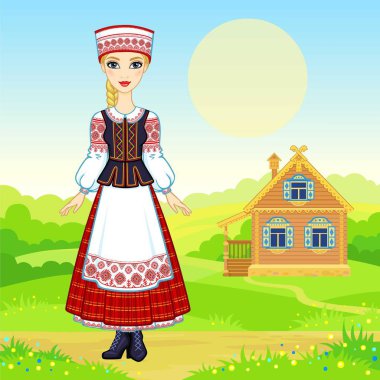 Animasyon geleneksel giysiler içindeki genç Belarus kız portresi. Masal karakteri. Tam büyüme. Arka plan - kırsal manzara, eski evi. Vektör çizim.