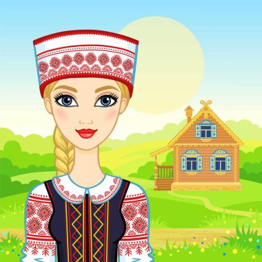 Animasyon geleneksel giysiler içindeki genç Belarus kız portresi. Masal karakteri. Arka plan - kırsal manzara, eski evi. Vektör çizim.