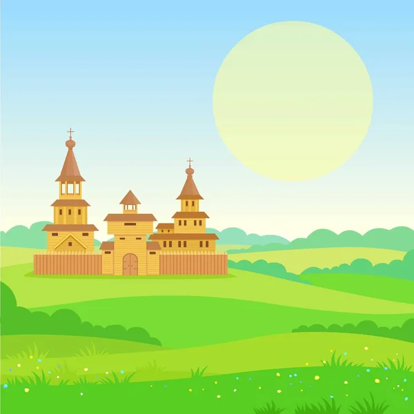Анимационный Пейзаж Зеленая Долина Древний Славянский Город Башня Забор Церкви — стоковый вектор