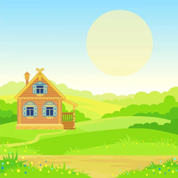Анимационный Пейзаж Зеленая Долина Древний Славянский Сельский Дом Цветущий Луг — стоковый вектор