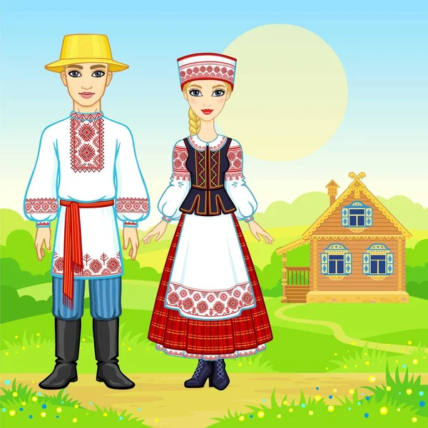 Slav güzellik. Animasyon Ulusal giysiler içinde Belarus aile portresi. Tam büyüme. Arka plan - bir manzara, eski ahşap ev yaz. Vektör çizim. 