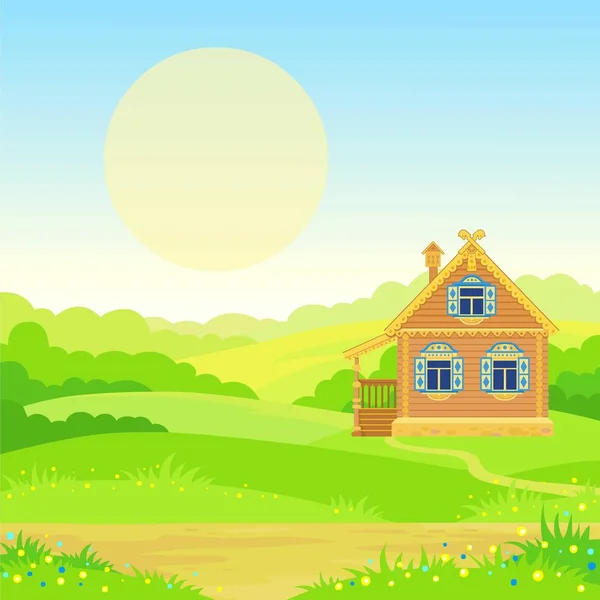 Animationslandschaft Grünes Tal Altes Slawisches Bauernhaus Blühende Wiese Der Ort — Stockvektor