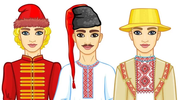 伝統的な服のスラブ人のアニメーションの肖像画のセットします ベラルーシ ウクライナ ロシア おとぎ話の文字 白い背景で隔離のベクトル図 — ストックベクタ