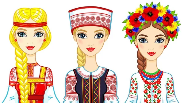 Zeichentrickporträts Slawischer Mädchen Traditionellen Anzügen Russland Weißrussland Ukraine Vektor Illustration — Stockvektor