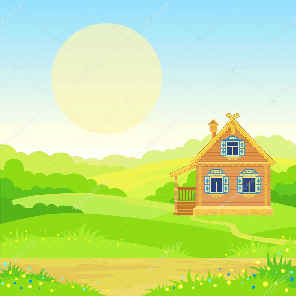 Animation landscape: green valley, ancient Slavic rural house, the blossoming meadow. The place for the text. Vector illustration.