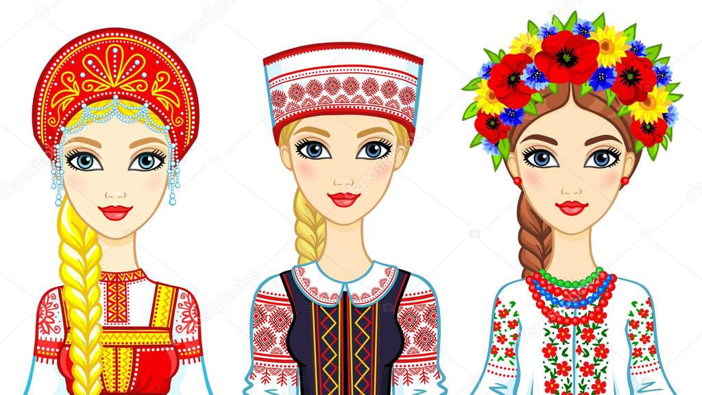 Set of animation portraits of Slavic girls in traditional suits. Russia, Belarus, Ukraine. Vector illustration isolated on a white background.
