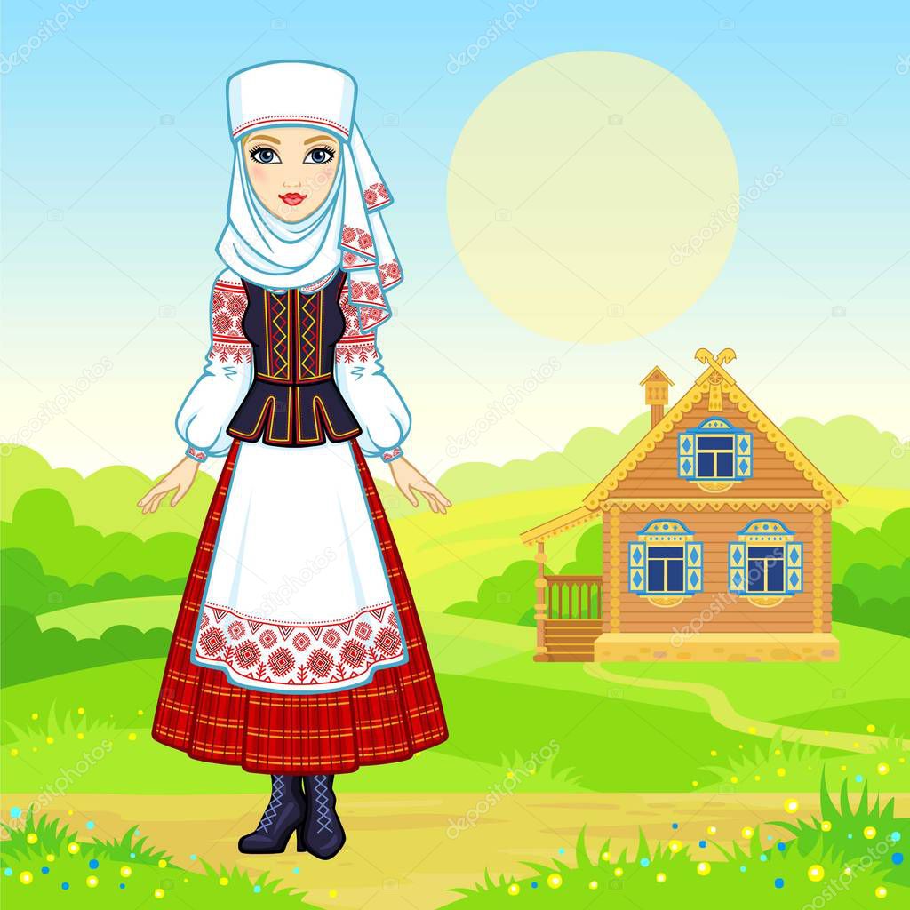 Animation portrait of the young Belarusian girl  in traditional clothes.  Fairy tale character.  Full growth. A background - a rural landscape, the ancient house. Vector illustration.