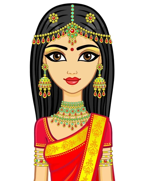 Ασιατική Ομορφιά Πορτραίτο Κινούμενα Σχέδια Νεαρό Ινδική Κορίτσι Παραδοσιακά Ρούχα — Διανυσματικό Αρχείο