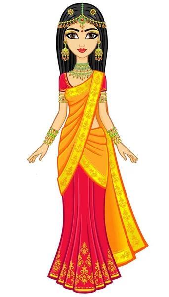 Belleza Asiática Retrato Animación Joven India Vestida Con Ropa Tradicional — Vector de stock