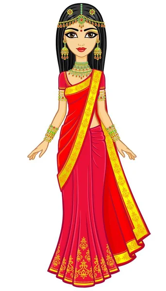 亚洲美女 动画肖像的年轻的印度女孩在传统的衣服 童话公主 全面增长 在白色背景上隔离的矢量插图 — 图库矢量图片