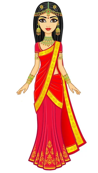 Asijské Krásy Animaci Portrét Mladé Indická Dívka Tradičním Oblečení Pohádka — Stockový vektor
