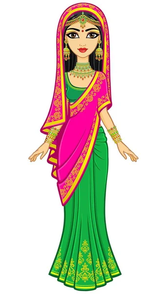 Asian Beauty Animation Portrait Young Indian Girl Traditional Clothes Fairy — Stock Vector