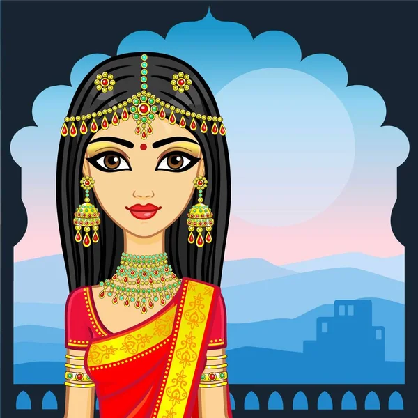 Belleza Asiática Retrato Animación Joven India Vestida Con Ropa Tradicional — Vector de stock